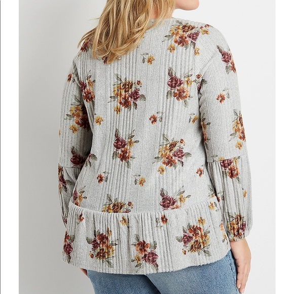 Plus Sz 3X Gray Floral Ribbed Peplum Top - Picture 4 of 11